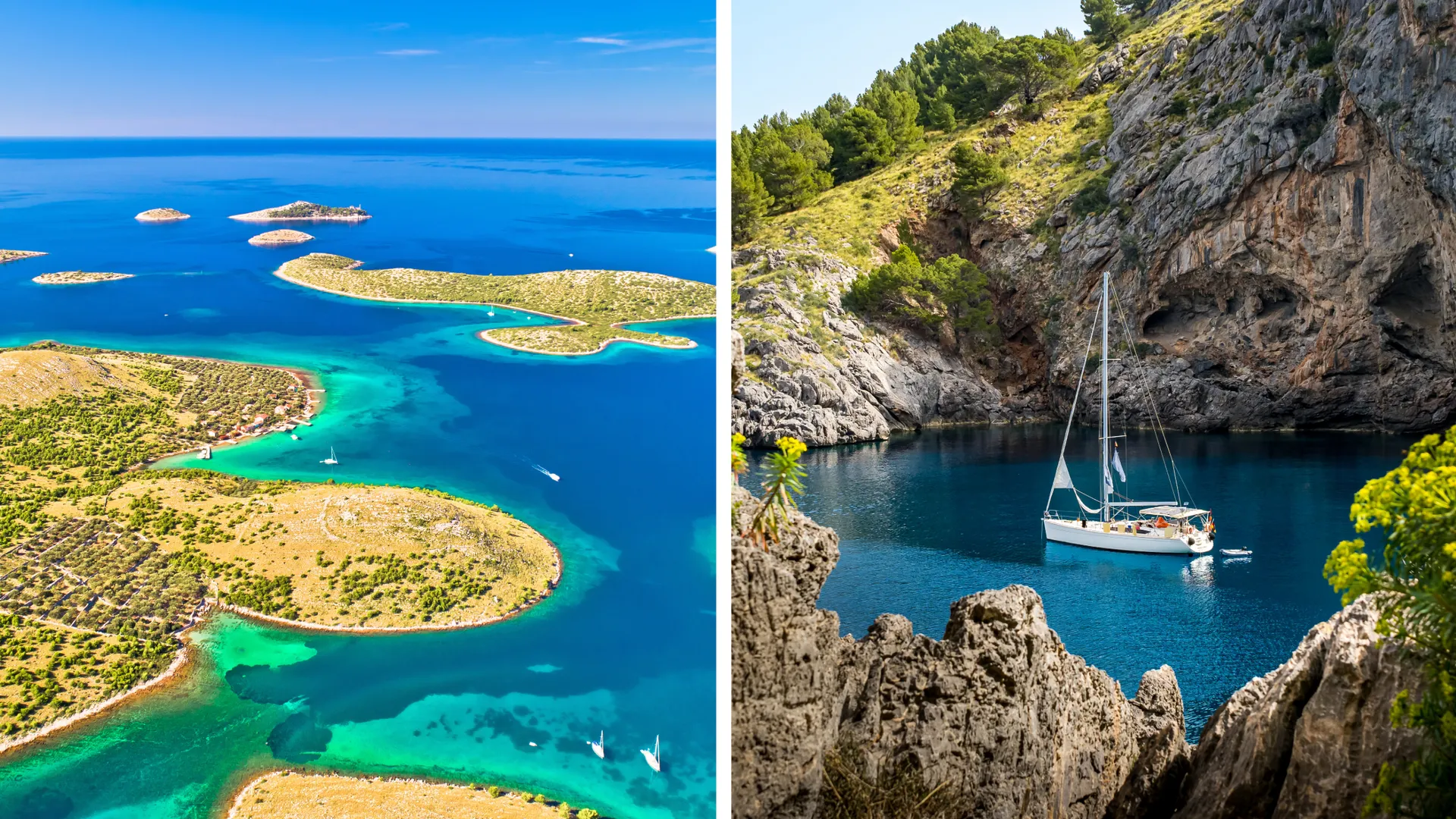 Eine elegante Segelyacht liegt vor Anker in einer abgelegenen Bucht mit türkisblauem Wasser – der perfekte Ort für einen entspannten FKK-Segeltörn in Kroatien.