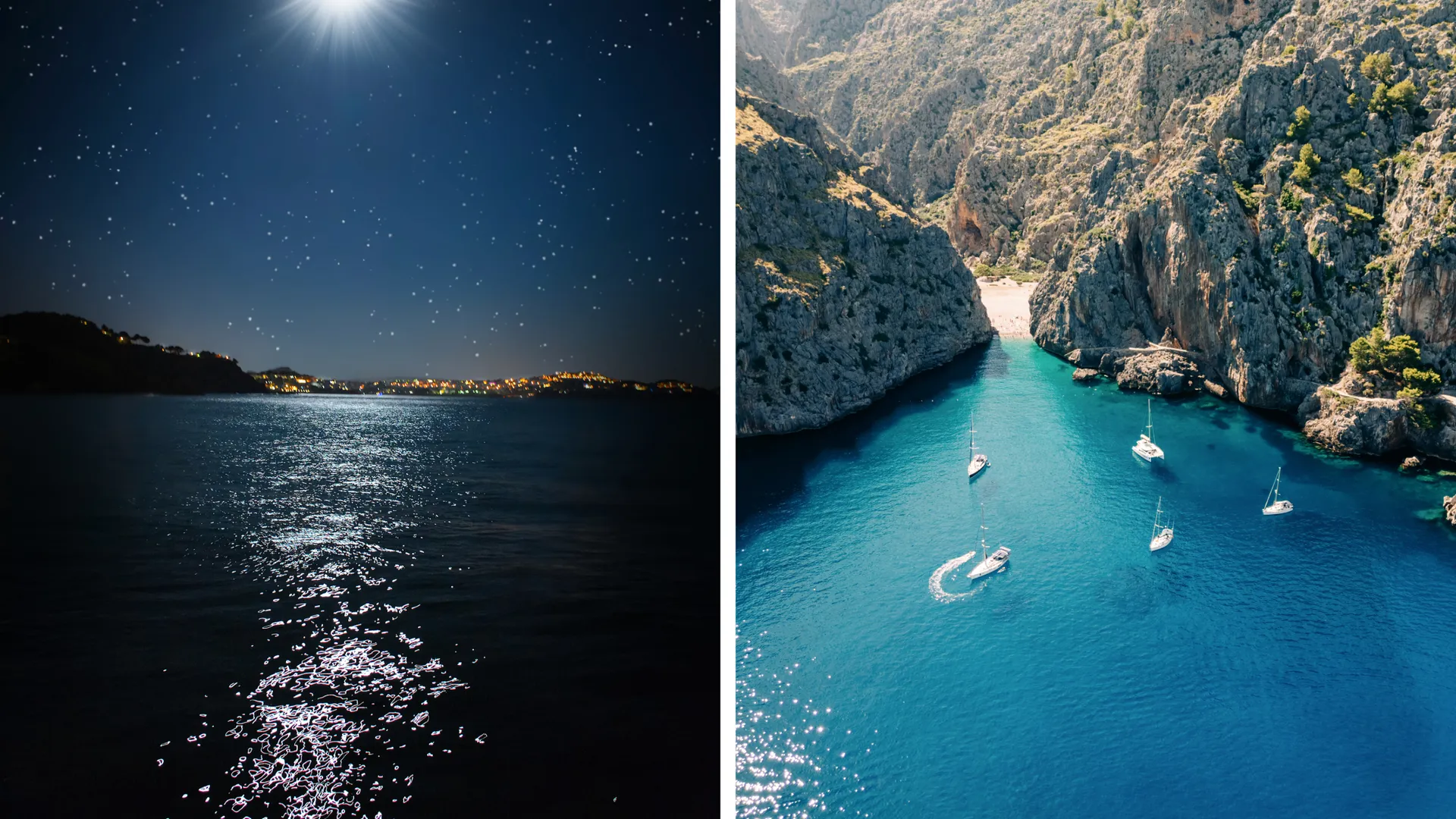 Ein beeindruckender Sternenhimmel über Mallorca mit Blick auf eine ruhige Bucht, in der mehrere Segelboote vor Anker liegen – ein magischer Moment für Segler.
