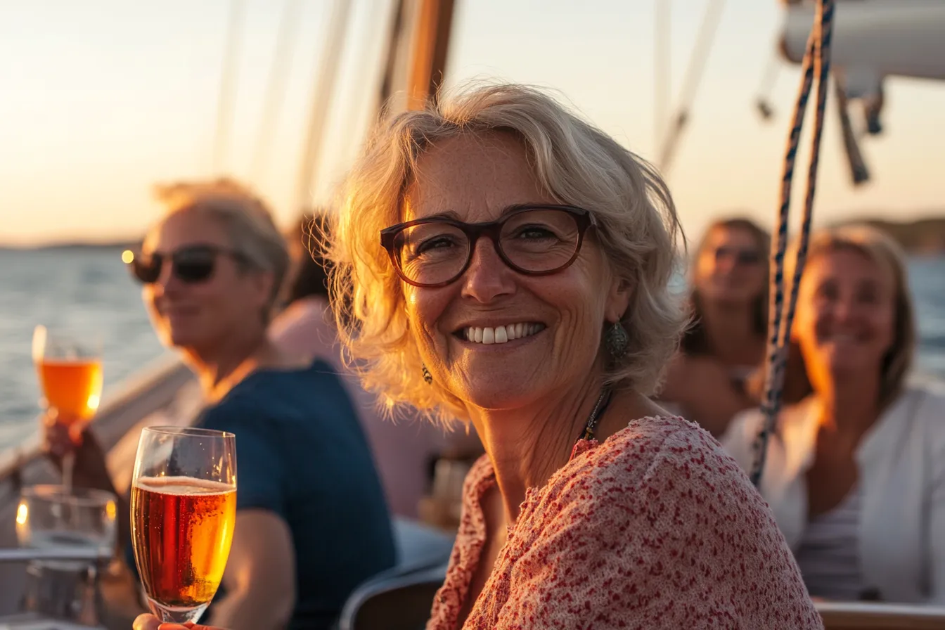 Frau genießt einen Frauen-Segeltörn im Ionischen Meer. Sie steht entspannt an Deck, während andere Frauen gemeinsam segeln, lachen und die griechische Sonne auf dem türkisblauen Wasser vor Korfu genießen.