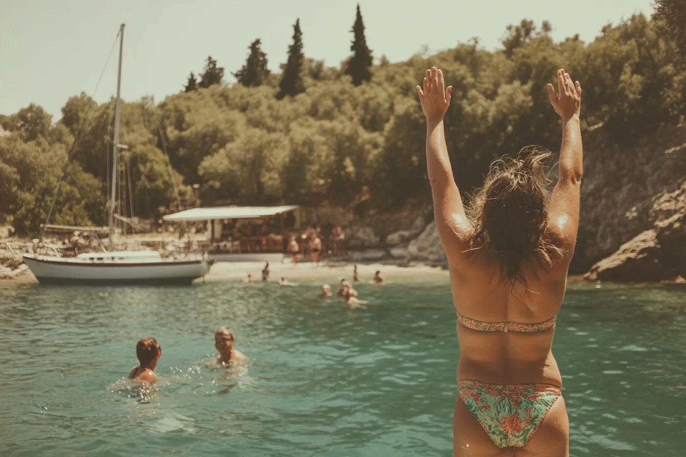 Segelboot ankert in einer idyllischen Bucht im Ionischen Meer vor der Küste Korfus. Türkisblaues Wasser, mediterrane Landschaft mit Olivenbäumen und eine entspannte Gruppe von Frauen genießt das Segelabenteuer unter der Sonne Griechenlands.