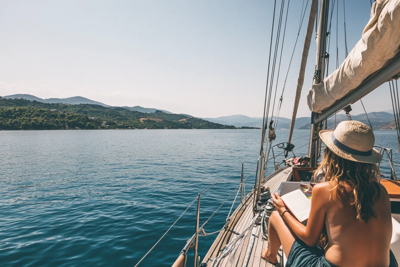 Segelboot voller Frauen, die das Leben genießen – lachende Frauen auf einem Segeltörn im Ionischen Meer vor Korfu, umgeben von türkisblauem Wasser und mediterraner Natur.