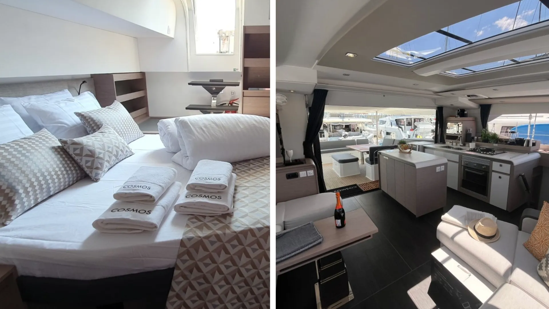 Die luxuriösen Doppelkabinen und der großzügige Salon an Bord der Cosmos bieten höchsten Komfort für exklusives FKK-Segeln in Kroatien.