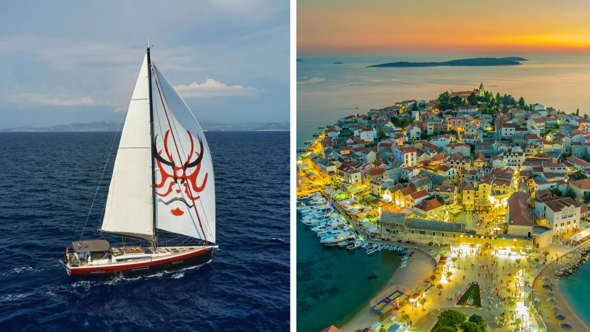 Die Kabuki unter vollen Segeln auf dem Weg zum nächsten Ankerplatz – mit atemberaubendem Blick auf die Küstenstadt Primošten, dem Start- und Zielhafen des exklusiven FKK-Segeltörns in Kroatien.