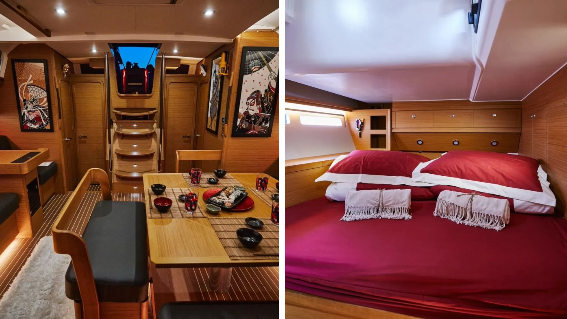 Der luxuriöse Innenbereich der Kabuki – ein stilvoller Salon, geräumige Komfortkabinen mit großen Doppelbetten und ein großzügiges Badezimmer für höchsten Komfort beim FKK-Segeln in Kroatien.