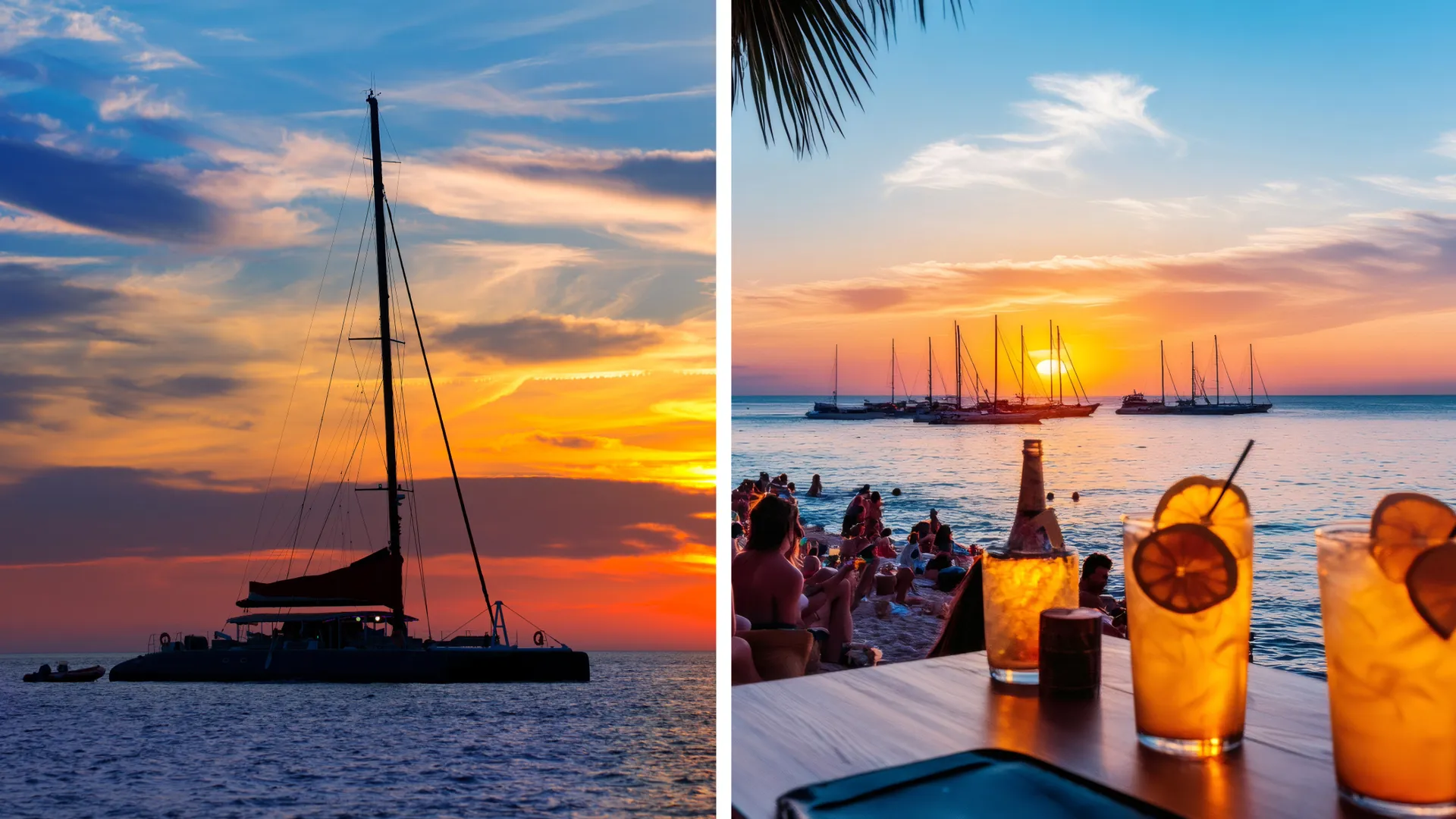 Luxuriöser Katamaran vor Anker bei Sonnenuntergang – exklusive Beach Bar auf Ibiza mit erstklassigen Cocktails, bevor es zurück an Bord geht.