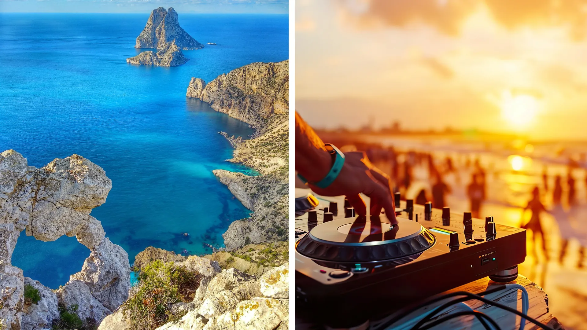 Idyllische FKK-Bucht auf Ibiza mit türkisblauem Wasser, umgeben von unberührter Natur, während im Hintergrund angesagte Beach Clubs das exklusive Inselerlebnis abrunden.