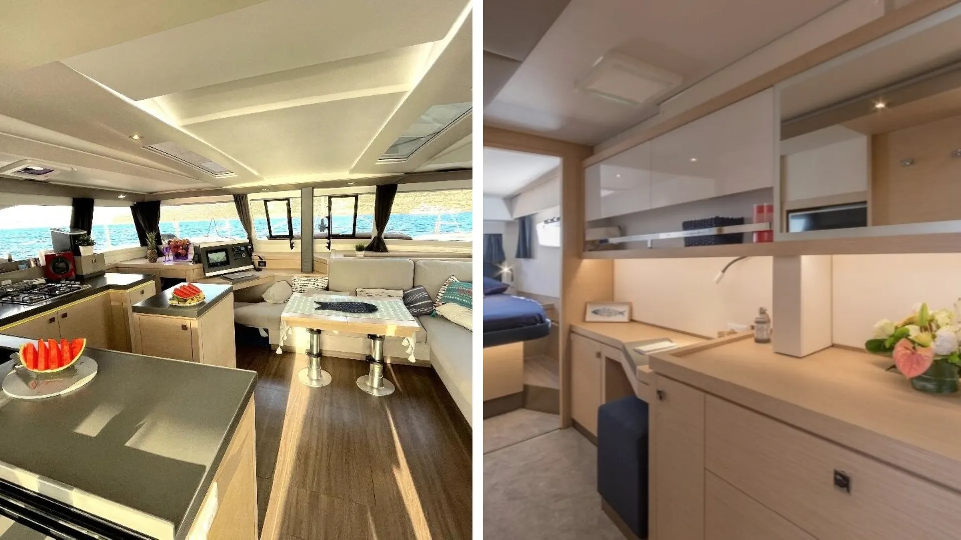 Die Nocrala bietet höchsten Komfort für Ihren FKK-Segeltörn: Ein großzügiger, lichtdurchfluteter Salon mit stilvollem Design und luxuriöse Kabinen für maximale Entspannung. Genießt eine Reise voller Freiheit und Eleganz auf Ibiza.