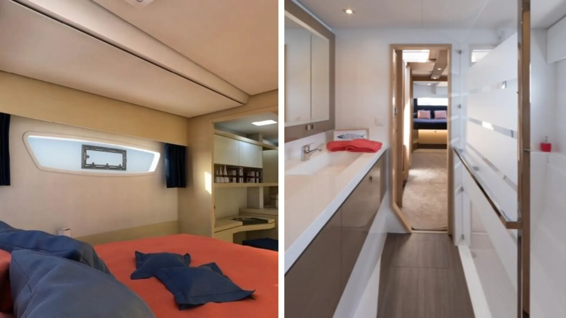Großzügige Doppelkabinen mit stilvollem Design und elegante Badezimmer an Bord des Katamarans Nocrala – Perfekte Privatsphäre für exklusives FKK-Segeln auf Ibiza.