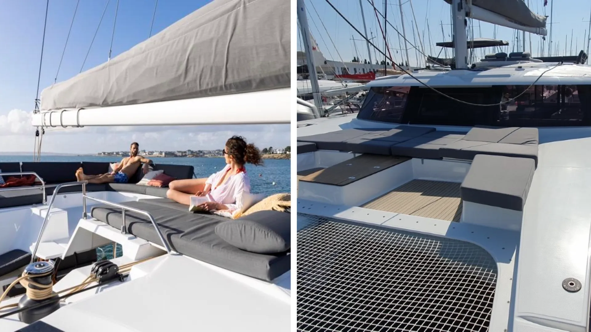 Der luxuriöse Katamaran Cosmos vor Anker in Kroatien – mit stilvollen Sonnenliegen für pure Entspannung und exklusiven Komfort.