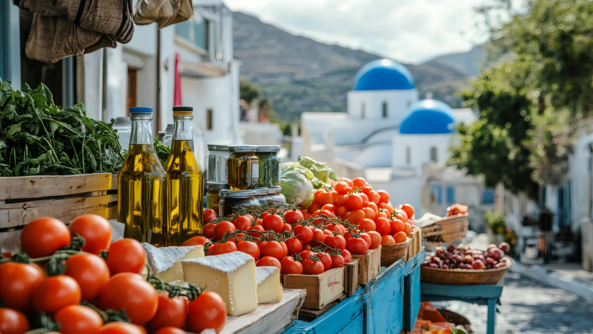 Griechischer Wochenmarkt mit frischem Gemüse, Obst, Oliven und Gewürzen – ideal zur Selbstversorgung beim Segelurlaub in Griechenland