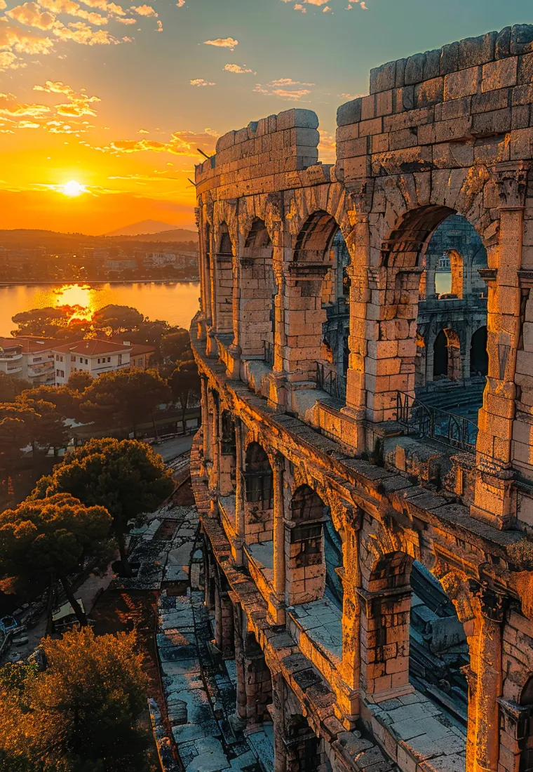 Römisches Amphitheater in Pula bei Sonnenuntergang mit Blick auf die Adria