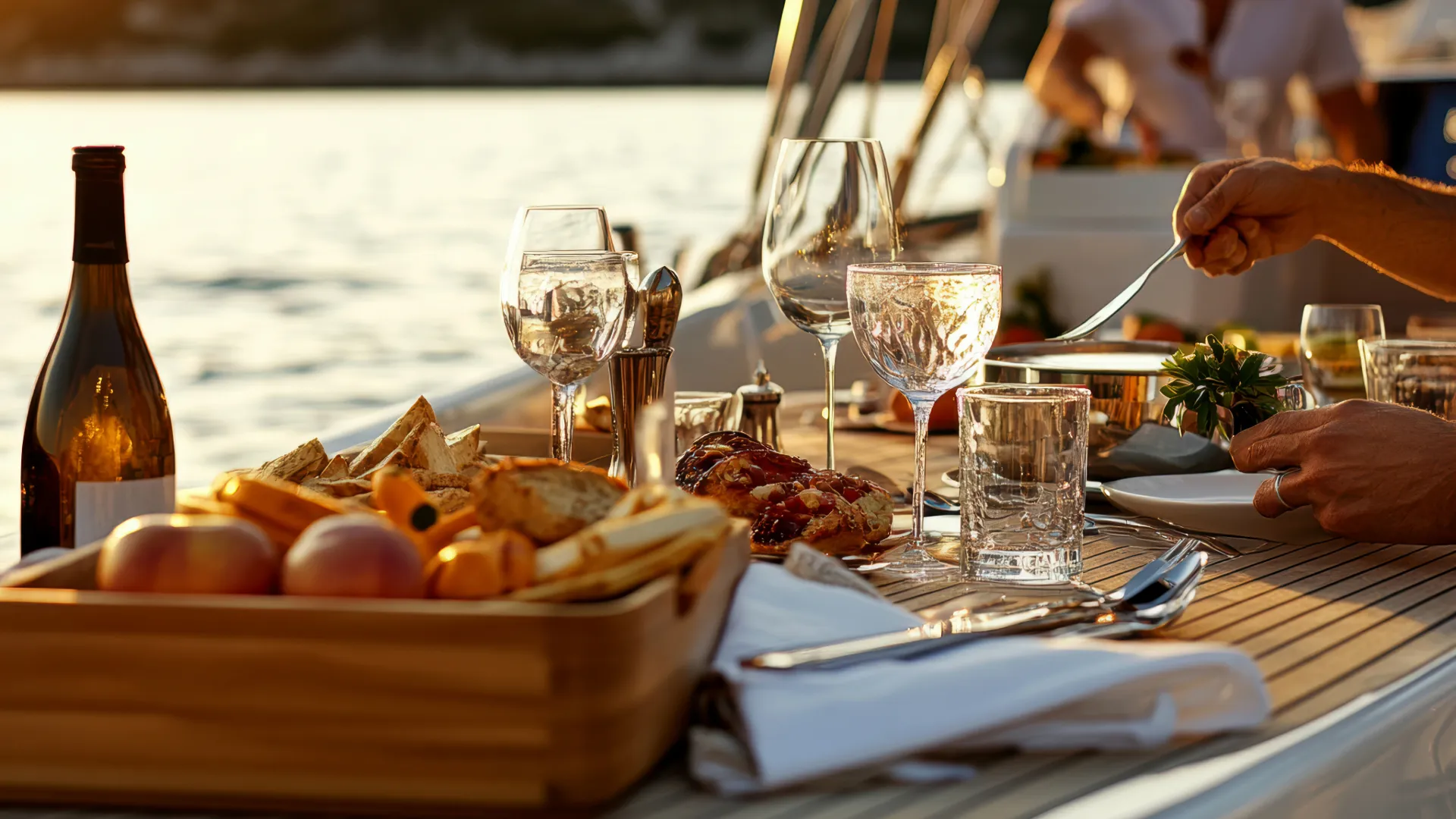 Luxuriöses Dinner an Bord einer Segelyacht bei Sonnenuntergang mit Wein, Brot und mediterranen Spezialitäten