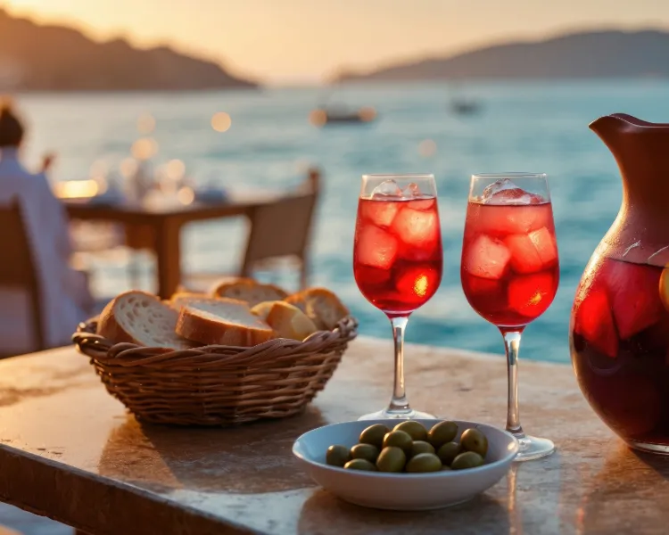 Zwei Gläser roter Sangria mit Eis, Oliven und Brot auf einem Tisch mit Meerblick im Sonnenuntergang