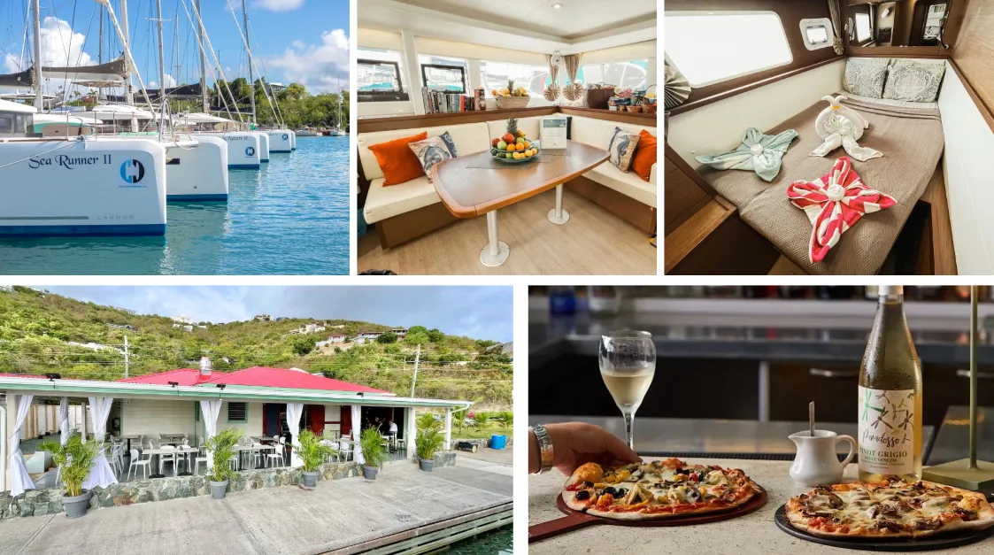 Innenansicht eines Lagoon-Katamarans mit Salon und Kabine, festgemachte Yachten im Hafen, karibisches Restaurant mit Terrasse, Pizza und Wein beim Dinner