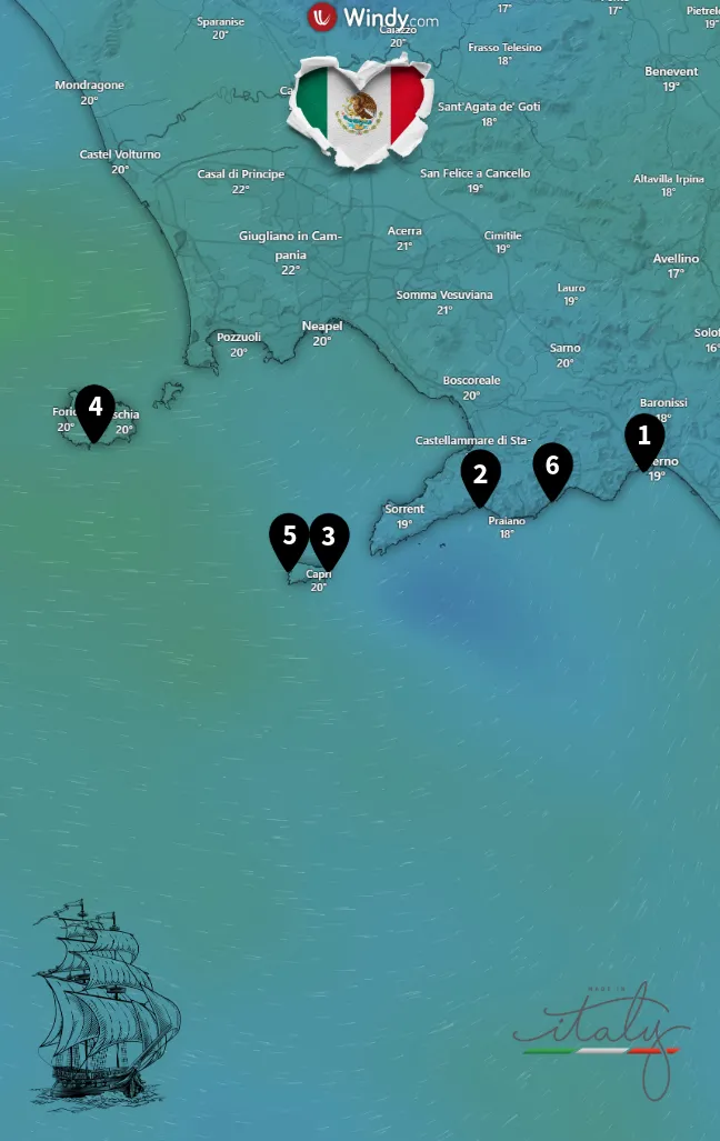 Karte mit Yachtcharter-Route entlang der Amalfiküste ab Salerno mit Stationen in Positano, Capri, Ischia und Amalfi – mit BlackSails-Yachting