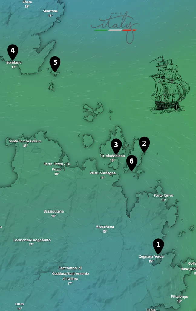 Karte mit Yachtcharter-Route ab Portisco durch den Maddalena-Archipel bis Bonifacio – 7 Tage Segelurlaub mit BlackSails-Yachting