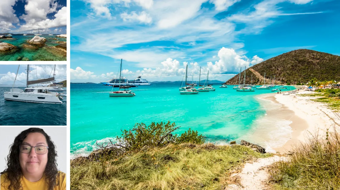 Katamarane vor Anker in der türkisblauen Bucht von Jost Van Dyke, British Virgin Islands, mit Strand, Segelbooten und Crew in tropischer Kulisse