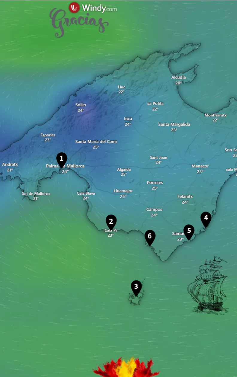 Wetterkarte von Süd-Mallorca mit eingezeichneter Segelroute: Start in Palma de Mallorca, Stationen in Cala Pi, Cabrera, Cala d’Or, Cala Figuera und Colònia de Sant Jordi. Ideal für Yachtcharter mit BlackSails-Yachting.