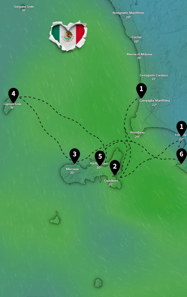 Karte mit Segelroute für 7-tägige Yachtcharter mit BlackSails-Yachting rund um Elba, Capraia und die toskanische Küste