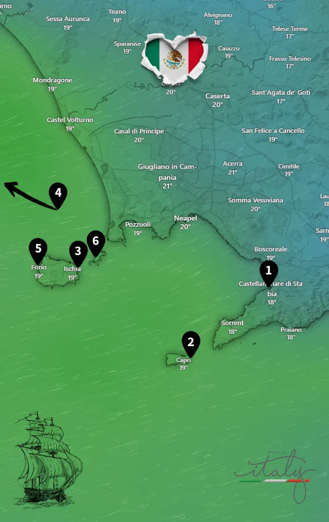 Segelroute im Golf von Neapel mit Stationen wie Capri, Ischia und Ventotene – dargestellt von BlackSails-Yachting