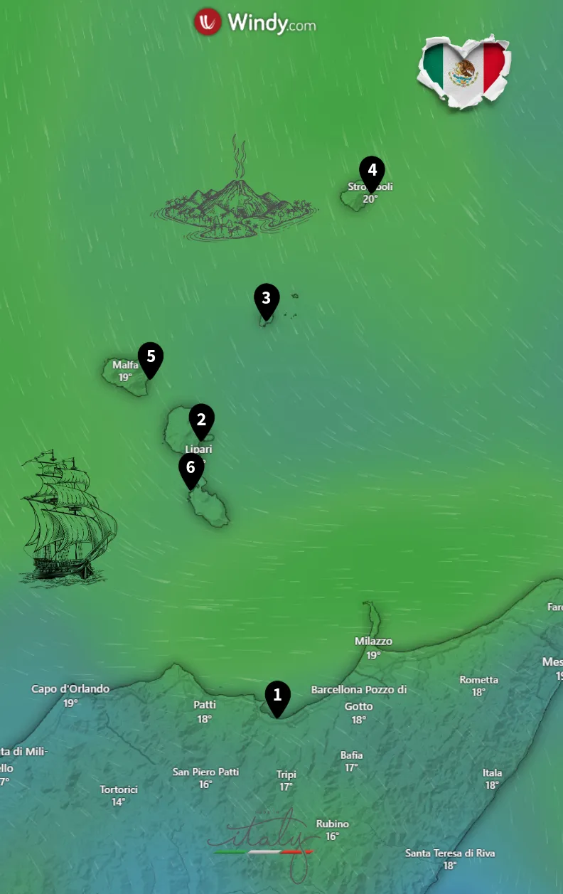 Karte der Segelroute durch die Äolischen Inseln mit BlackSails-Yachting – Yachtcharter ab Portorosa über Lipari, Panarea, Stromboli, Salina und Vulcano