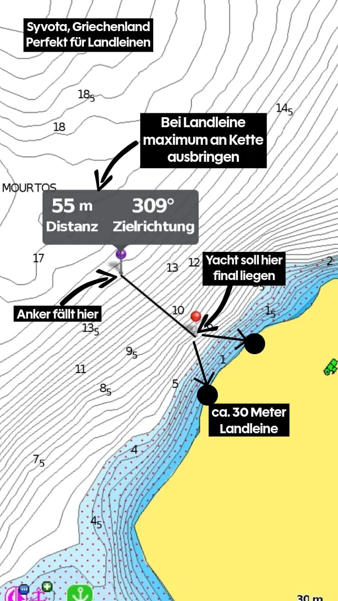 Seekarte mit Anker- und Landleinen-Position in Syvota, Griechenland – idealer Spot für Landleinen-Manöver im SKS-Praxistörn oder beim Skippertraining