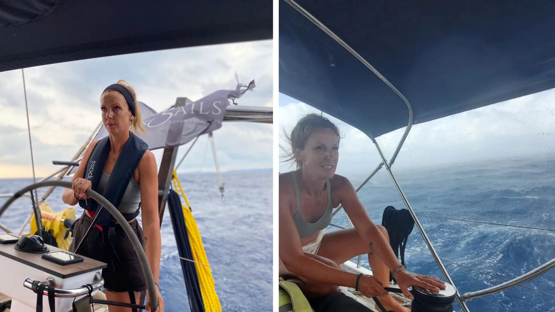 Skipperin Laura am Steuer der Segelyacht, während sie gleichzeitig die Leinen führt