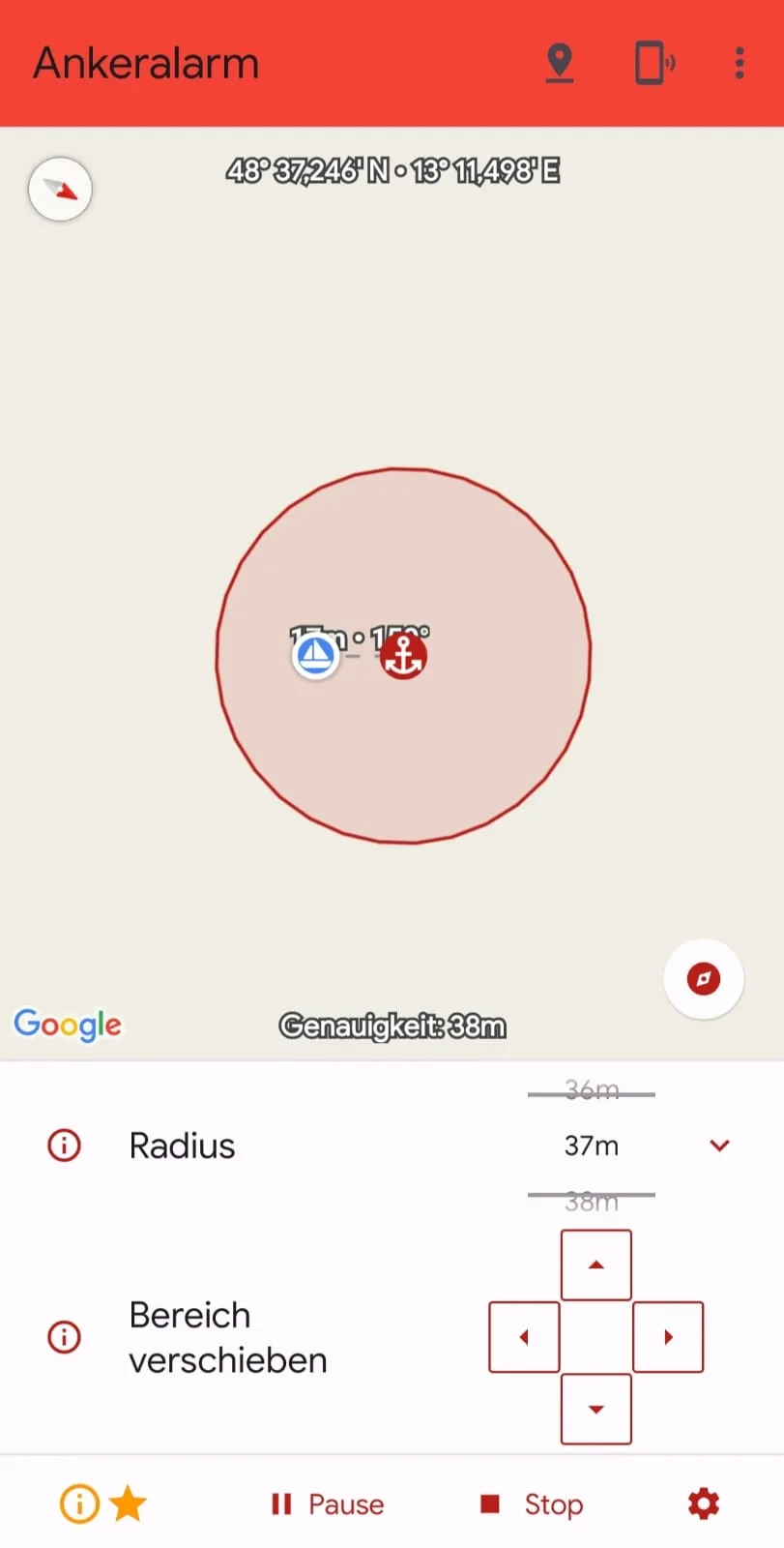 Screenshot der Ankeralarm-App mit Darstellung von Ankerposition, Bootslage, eingestelltem Sicherheitsradius und möglicher Abdrift.